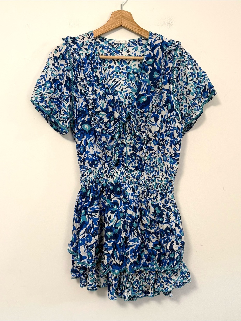 Poupette St Barth Donna Mini Dress M Blue Floral Ruffle V Neck Resort Tunic